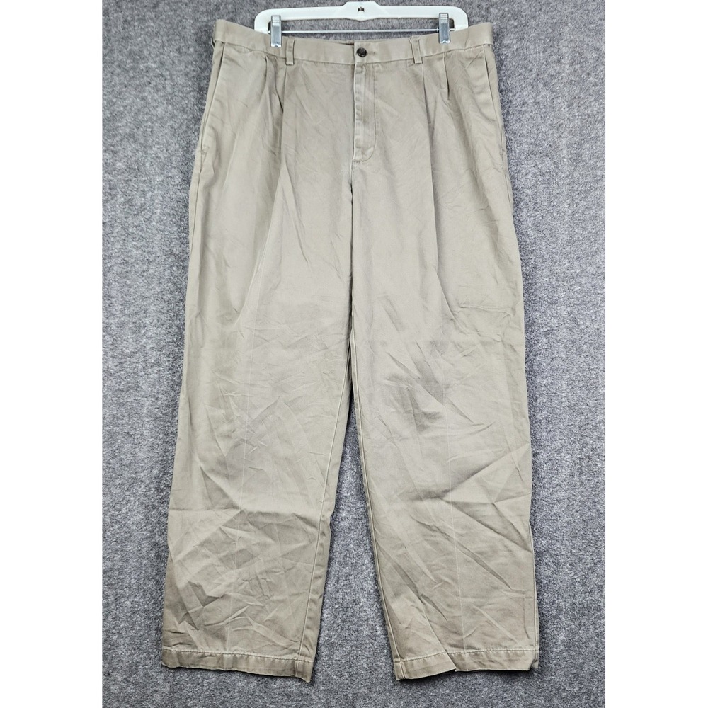 Haggar Pleated Chino Pants Mens 36x30 Khaki Tan 100% Cotton No Iron Dress Slacks